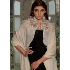 Chamonix - Beige Cashmere Scarf with a Beige Feather and Beige Satin Leaf Collar and Appliques - Maneesha Ruia