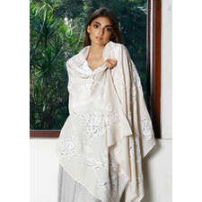 La Vie en Rose - Beige Cashmere Scarf with Ivory Rose Lace Applique - Maneesha Ruia
