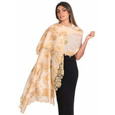 Canna Palla - Beige Cashmere Scarf with Gold Chantilly Lace - Maneesha Ruia