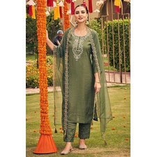 Ready To Wear Olive Green Silk Embellished Kurta Set With Organza Dupatta