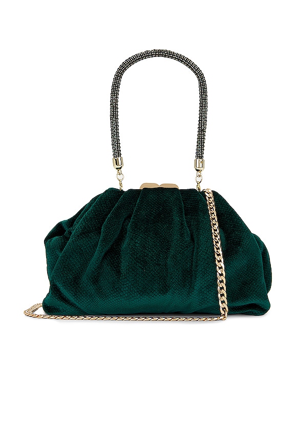 olga berg Caitlin Velvet Crystal Handle Bag in Emerald | REVOLVE