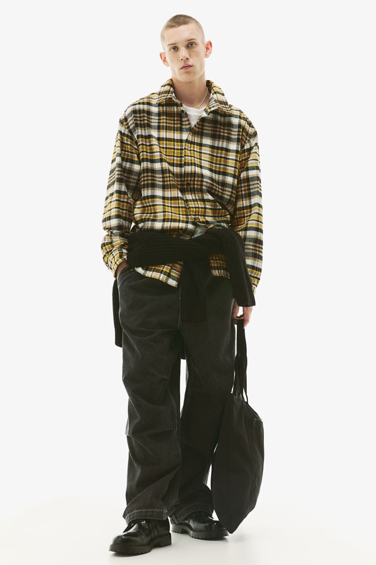 Loose Fit Flannel Shirt - Yellow/plaid - Men 