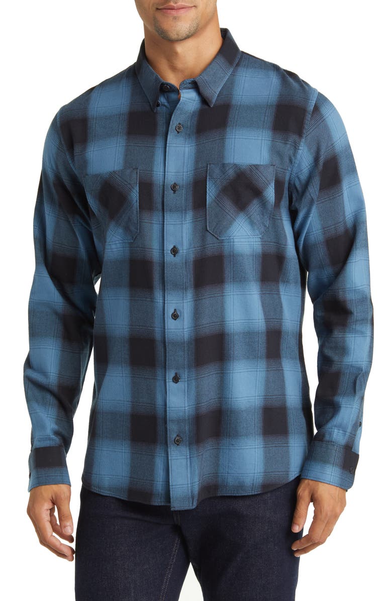 Travis Mathew Cloud Plaid Flannel Button-Up Shirt, Main, color, BLACK/ STELLAR BLUE