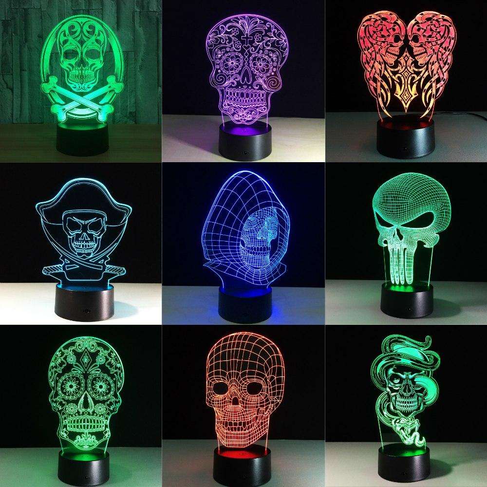 3D LED Color Night Light Changing Lamp Halloween Skull Light Acrylic 3D Hologram Illusion Desk Lamp For Kids Gift