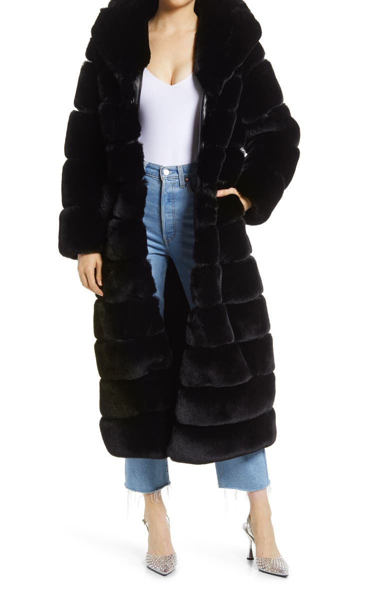 AZALEA WANG Faux Fur Midi Coat, Main, color, BLACK