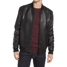 Nordstrom Leather Bomber Jacket, Main, color, BLACK