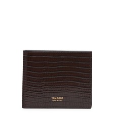 TOM FORD T-Line Croc Embossed Patent Leather Bifold Wallet, Main, color, CHOCOLATE BROWN