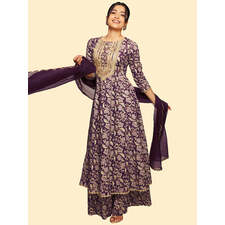 Voilet Cotton Floral Printed Kurta with Palazzo and Dupatta