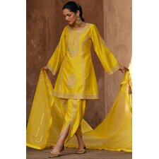 Lemon Yellow Silk Embroidered Kurta Set With Dhoti Pants