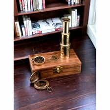 Vintage Brass Telescope &amp; Compass Martine Antique With Wooden Gift Box