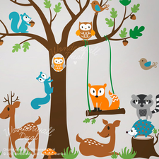 Children Wall Decal woodland decal, deer decal, bear decal, fox, raccoon, hedghog, squirrel wall decal tree wall decals