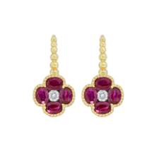 Oval Shaped Ruby &amp; Diamond Flower Cluster Earrings in Yellow Gold