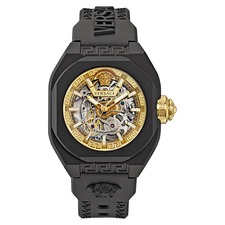 Versace V-Legend Skeleton Recycled Polyurethane Strap Watch, 42mm, Main, color, Black Eco Ceramic
