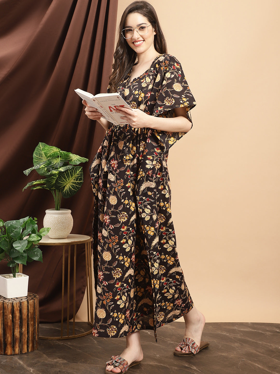 Brown Color Motif Printed C...