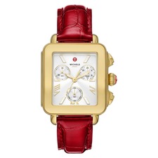 MICHELE Deco Sport Chronograph Leather Strap Watch, 34mm x 36mm, Main, color, Red / Gold