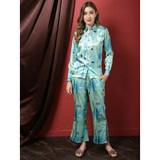 Blue Motif Printed Silk Satin Co-ord Set Claura Designs Pvt. Ltd. Cord set Abstract, blue, Co-ord, Co-ord Set, Rayon, Satin, Silk
