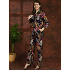 Navy Blue Floral Printed Chanderi Silk Tunic With Trousers Co-ord Set Claura Designs Pvt. Ltd. Cord set Abstract, Chanderi Silk, Co-ord, Co-ord Set, Ethnic, Floral, Navy Blue