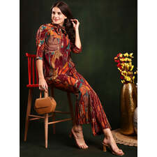 Abstract Printed Chanderi Silk Tunic &amp; Trousers Co-Ords Set