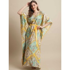 Yellow Color Floral Printed Rayon Night Dress Kaftan Claura Designs Pvt. Ltd. Kaftan Floral, kaftan, Kaftan_allsizes, Nightdress, Printed, Sleepwear, V-Neck, Yellow
