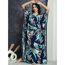 Navy Colour Abstract Printed Maxi Kaftan Nightdress