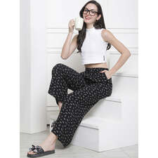 Black &amp; White Abtsract Printed Flared Viscose Rayon Lounge Pants Claura Designs Pvt. Ltd. Lounge Pants Loungepant_size, Lower, Pajama, Plazzo, Rayon, White, Women