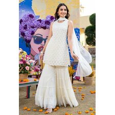 Ivory White Georgette Embroidered Sharara Set