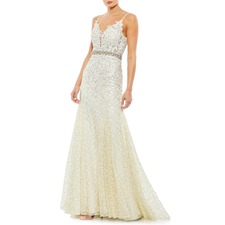 Mac Duggal Embellished Lace Appliqué Trumpet Gown, Main, color, Ivory