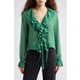 Bode Flounce Ruffle Long Sleeve Silk Top, Main, color, Green