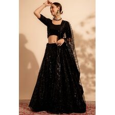 Black Net Hand Embroidered Lehenga Set