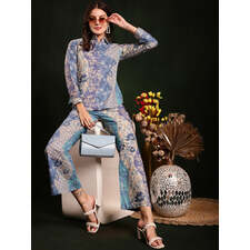 Blue Colour Printed Cotton Shirt With Trousers Co-Ord Set