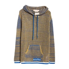 Marni Openwork Marled Cotton Sweater Hoodie, Main, color, Vivid Blu