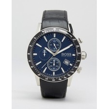By Hugo Boss Rafale Chronograph Leather Watch In Black