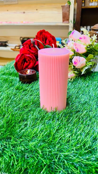 Soy Wax Pink Ribbed Pillar ...