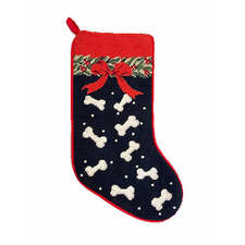 Custom Designed by A Pet's World . Needlepoint Pet Christmas Stocking is Navy with Dog Bones and Snow and a Red Bow. It is perfect for Personalizing with Embroidery. Great for any Dog Breed