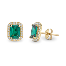 18K Yellow Gold Emerald Halo Gemstone Stud Earrings - Elegant Luxury