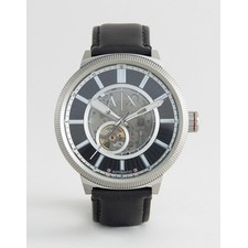 Armani Exchange Automatic Leather Watch In Black