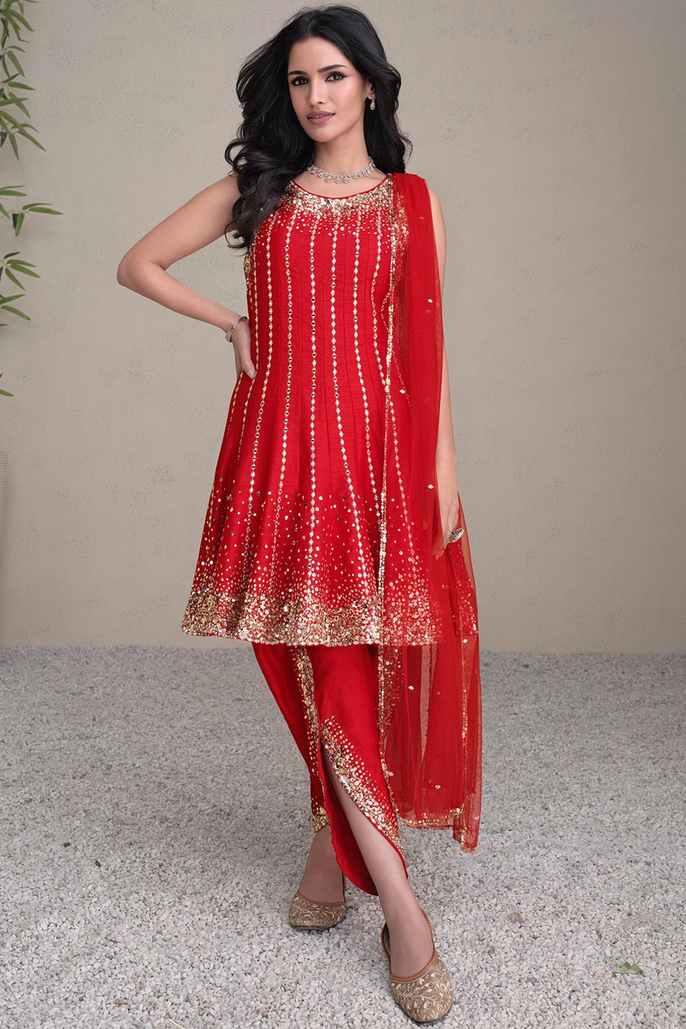 Red Silk Embroidered Dhoti ...