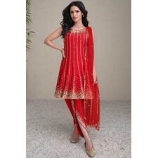 Red Silk Embroidered Dhoti Pant Kurta Set