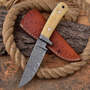 Custom Handmade Full Tang Hunting Knife with Fire Pattern Damascus Steel Blade, Bone Handle, and Leather Sheath - 8.75 Inches