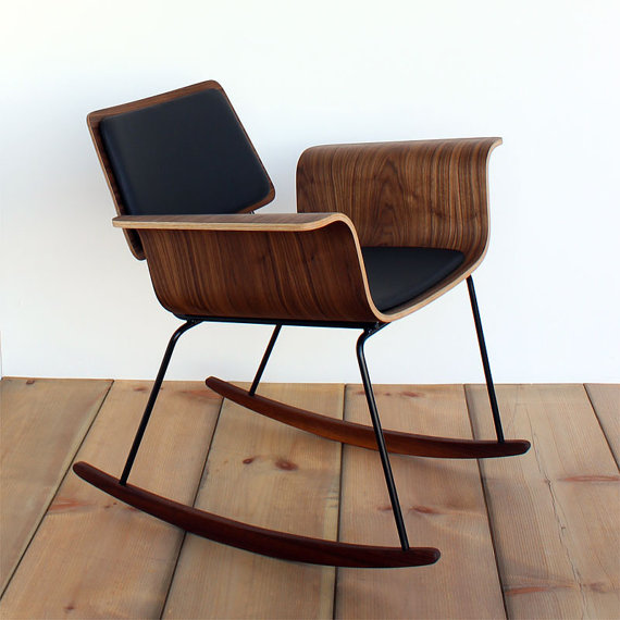 Molded plywood rocker "Roxy" chair: Walnut & leather or tweed