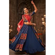 Prussian Blue Embroidered Rayon Lehenga Set For Navratri