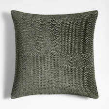 View Sashiko Organic Cotton Velvet 20"x20" Burnt Green Throw Pillow with Feather Insert - image 1 of 8