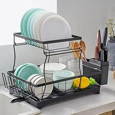 AppleTofu 2 Tier Dish Drainer Rack - Plate, Cutlery, Pots, and Pans Drying Rack for Kitchen with Cup &amp; Glass Holder - Modern Design Drip Tray with Drain Spout - Black
