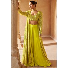Mustard Green Indowestern Embroidered Georgette 3 Piece Set