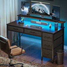 Linze Computer Desk with Drawers and Monitor Shelf, Gaming Desk with RGB LED Lights &amp; USB Ports