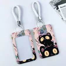 Cute Cartoon Black Cat Transparent Card Holder Keychain Photo Sleeves Credit ID Card Badge Bag Student ID Card Holder Small Gift