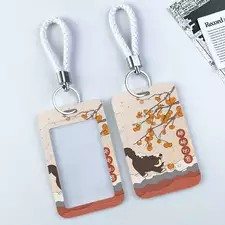 Persimmon Transparent Card Holder Credit ID Card Badge Bag Bus Card Protective Case with Lanyard Kitten Kpop Photocard Holder