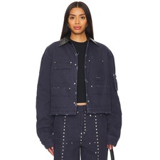 PRIVATE POLICY Washed Cotton Quilted Cropped Jacket in Navy | REVOLVE