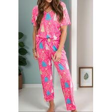 Printed V-Neck Short Sleeve Top and Pants Lounge Set