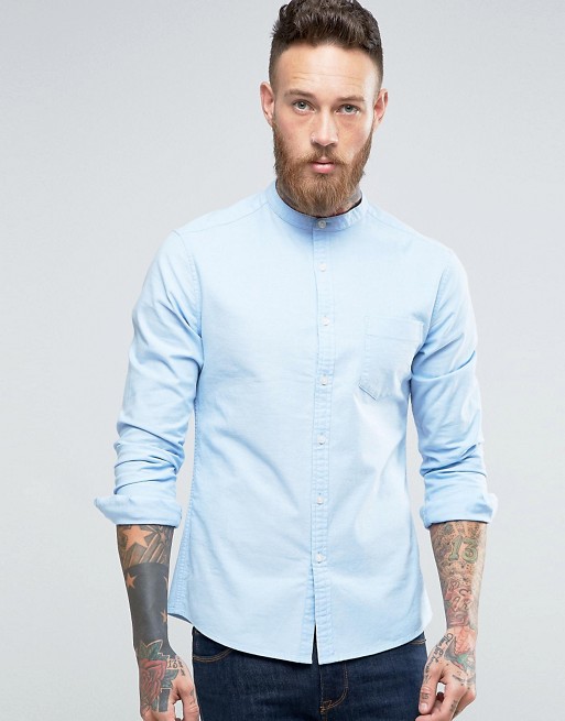  Skinny Casual Oxford Shirt With Grandad Collar In Blue